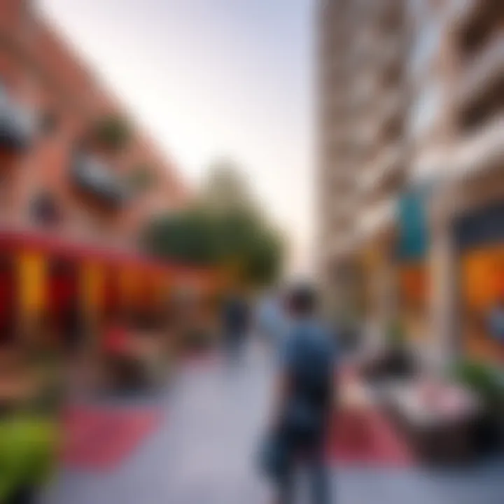 Vibrant community space surrounding Al Rimmal Residence Tower reflecting urban lifestyle