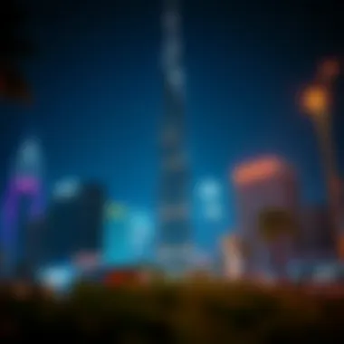 Evening photograph of Al Safa Tower illuminated, reflecting the vibrancy of Dubai's urban life