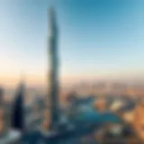 A panoramic view of Al Safa Tower showcasing its unique architectural design against the Dubai skyline