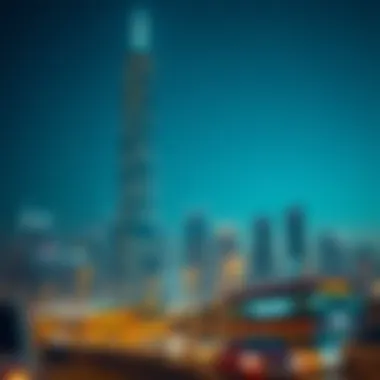 Night view of Champion Tower illuminated against the Dubai skyline