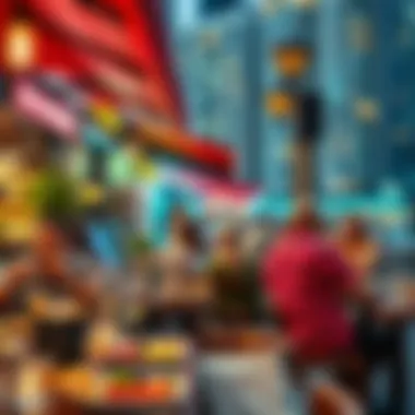 A bustling outdoor dining scene reflecting the fusion of cultures in Dubai's dining landscape