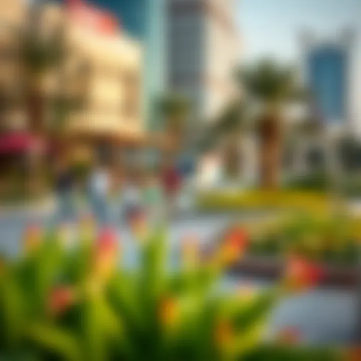 Public spaces and parks demonstrating community life in Dubai International City