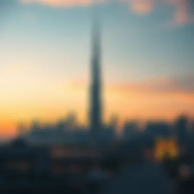 Stunning view of Al Mulla Tower against the sunset skyline of Dubai