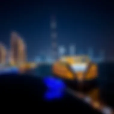 Night view of Binghatti Sapphire illuminated against the Dubai skyline