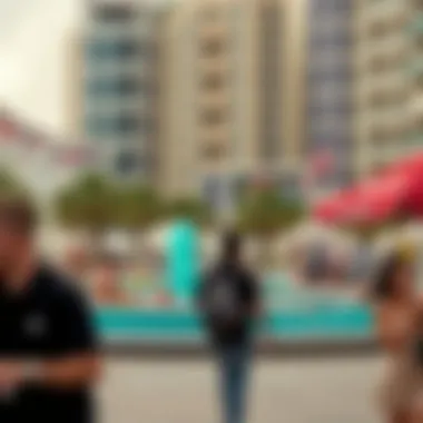 People enjoying leisure activities in a bustling urban setting