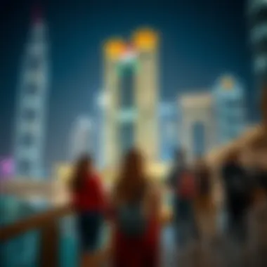 Experiencing the Vibrant Ambiance of Jumeirah Lake Towers Visitors enjoying the illuminated ambiance at Jumeirah Lake Towers