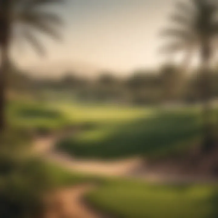 Breathtaking golf course scene within Jumeirah Golf Estates surrounded by palm trees.