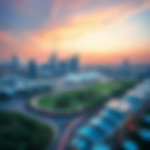 Aerial view of Meydan showcasing its modern skyline and green spaces