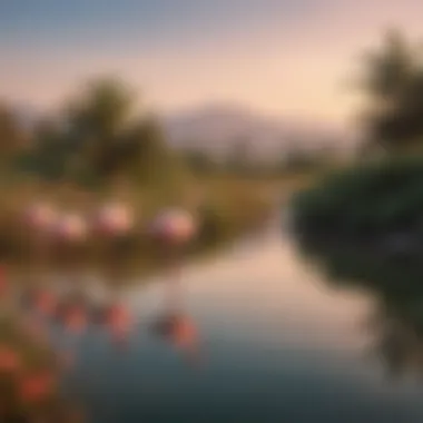 A panoramic view of Ras Al Khor wetlands showcasing flamingos and vibrant flora.