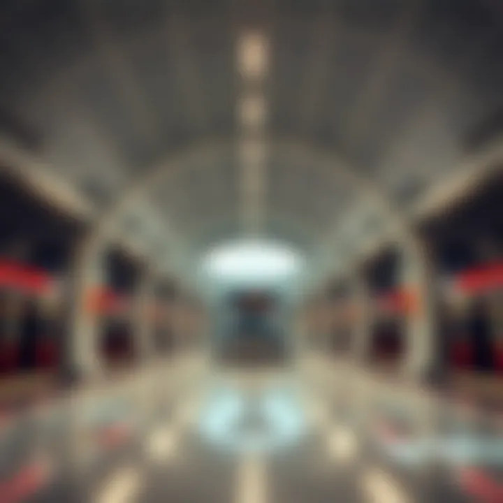 Interior shot of Rashidiya Metro Station highlighting its modern design and spacious layout.