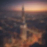 The Clock Tower illuminating the Dubai skyline at dusk