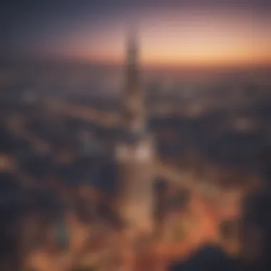 The Clock Tower illuminating the Dubai skyline at dusk