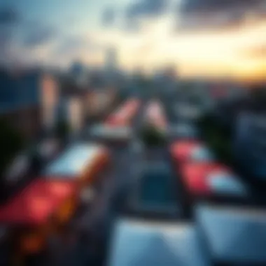 An aerial view of a multicultural festival in an urban setting