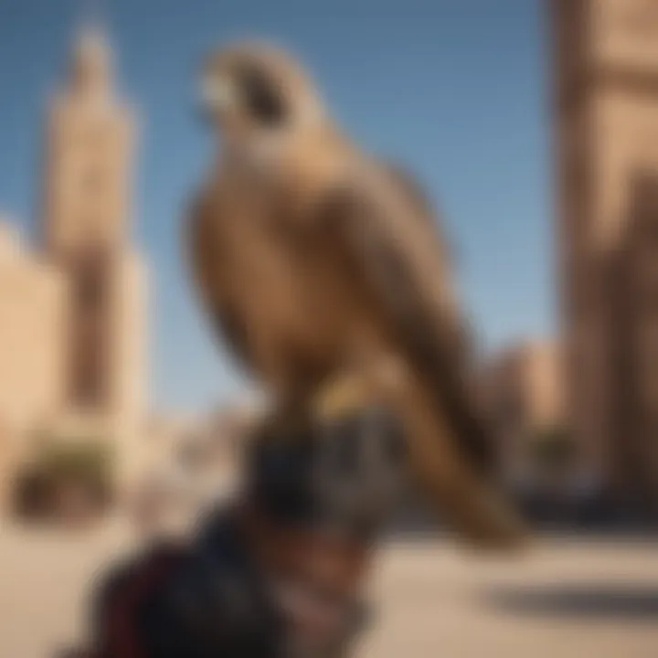 A majestic falcon perched on a traditional Arabic falconry glove