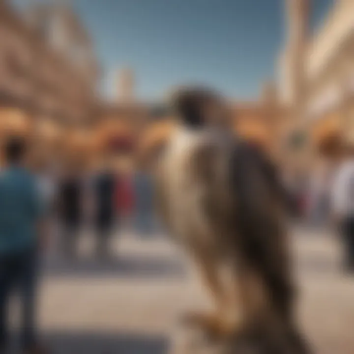 Tourists admiring a falcon during a cultural exhibition