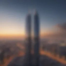 A panoramic view of Falcon Tower showcasing its architectural grandeur against the Dubai skyline