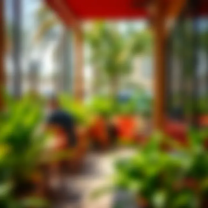 Vibrant outdoor seating area at Friends Avenue Cafe surrounded by greenery