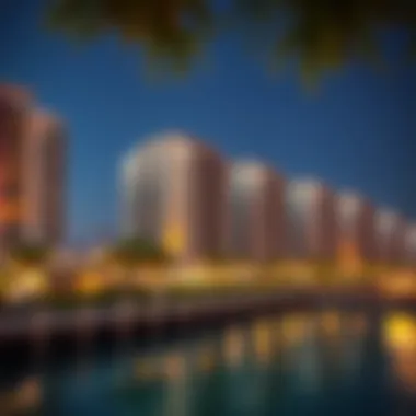 Modern residential buildings along the serene waterfront of Jumeirah Lake