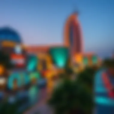 A stunning view of Mythos City Walk at dusk, showcasing the vibrant lights and architecture