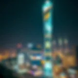 Nastaran Tower illuminated at night showcasing its modern design