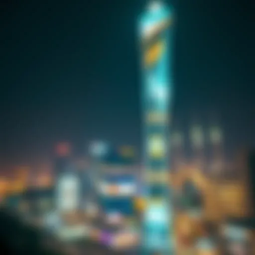 Nastaran Tower illuminated at night showcasing its modern design