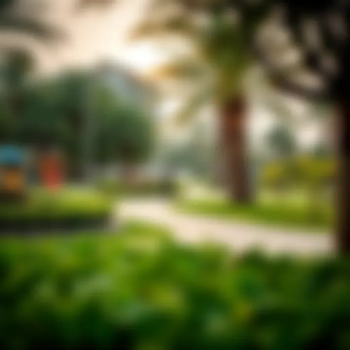 Community park in a residential area adjacent to Jebel Ali, with lush greenery and families enjoying leisure activities