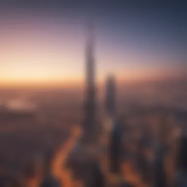 Riah Tower in the context of Dubai's skyline during sunset