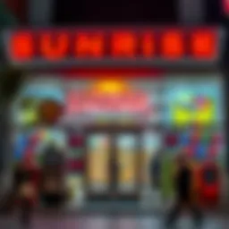 Exterior view of Sunrise Supermarket showcasing its vibrant signage