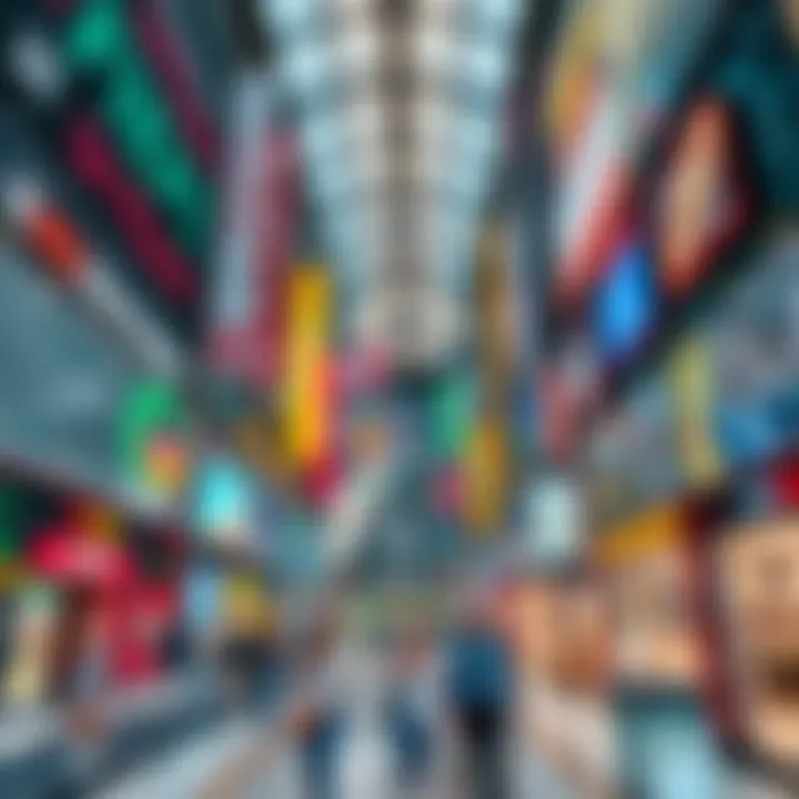 Interior of a bustling trade center filled with diverse businesses