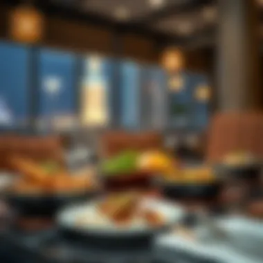 A close-up of traditional Lebanese dishes being enjoyed in a sophisticated Dubai setting