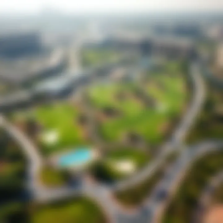 Aerial view of Damac Hills showcasing its lush green spaces and golf course
