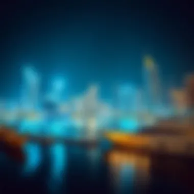 Night view of Dubai Harbour Marina illuminated, reflecting on water