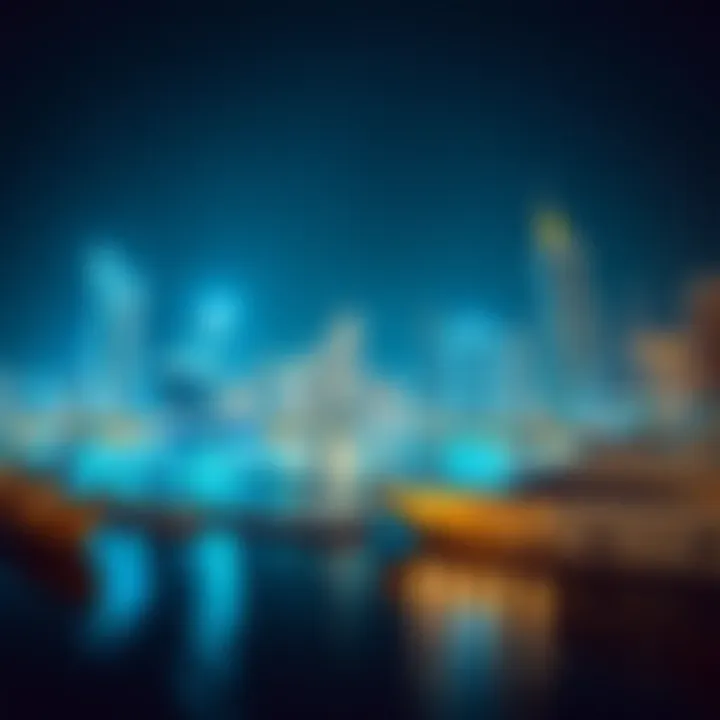 Night view of Dubai Harbour Marina illuminated, reflecting on water